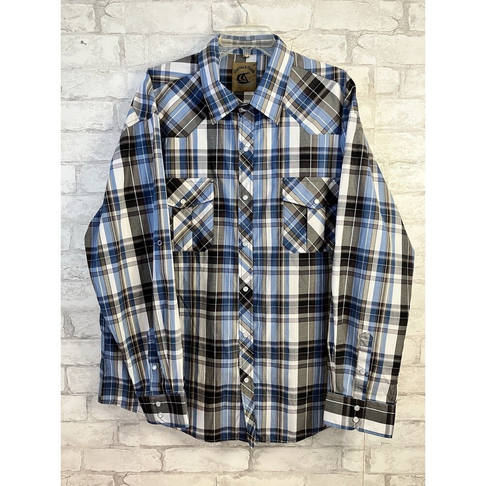 Coevals Club Pearl Snap Western Shirt Men’s Size XXL Blue Plaid Long Sleeve EUC